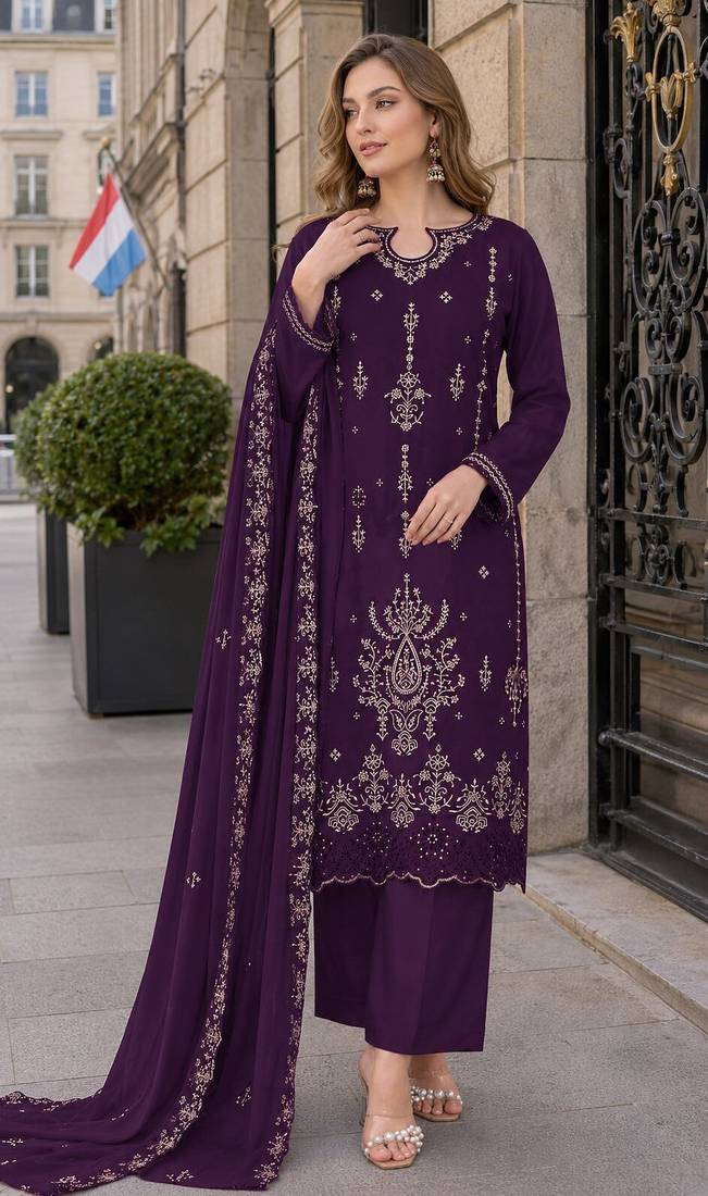 Purple velvet semi stitched suit with embroidery sequence work