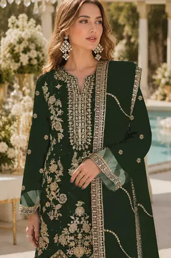 D green rangoli silk semi stitched suit with embroidery & sequence work