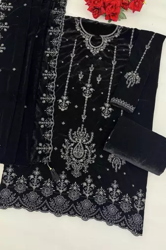 Black velvet semi stitched suit with embroidery sequence work