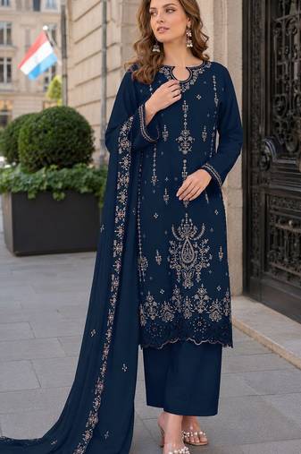 Navy blue velvet semi stitched suit with embroidery sequence work