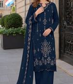 Navy blue velvet semi stitched suit with embroidery sequence work
