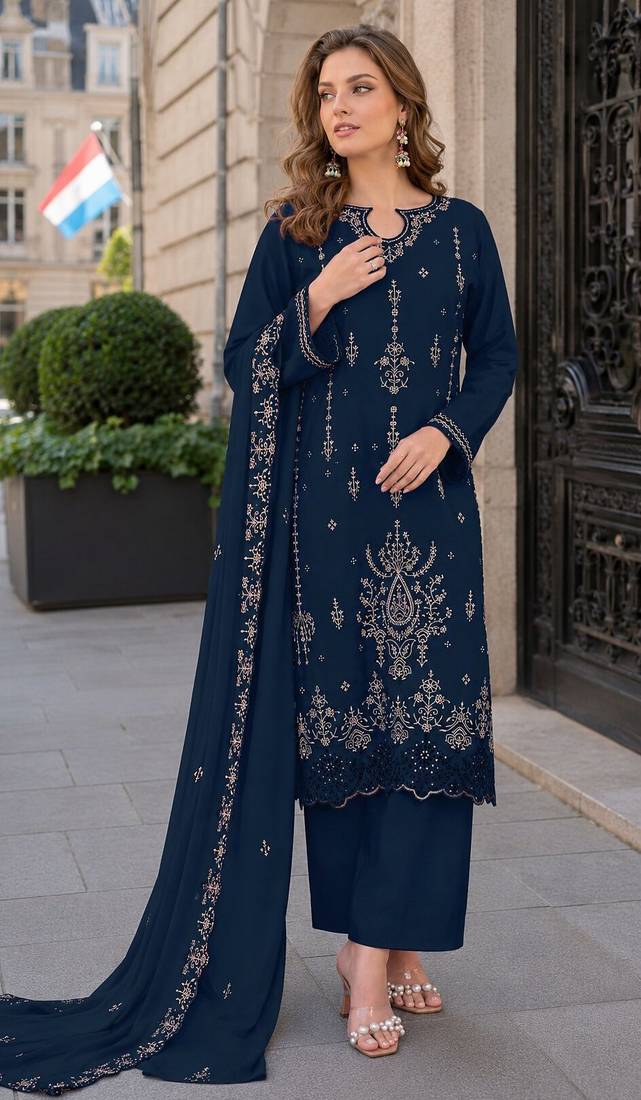 Navy blue velvet semi stitched suit with embroidery sequence work