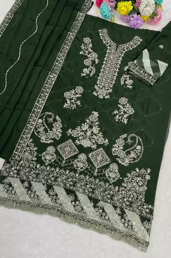 D green rangoli silk semi stitched suit with embroidery & sequence work