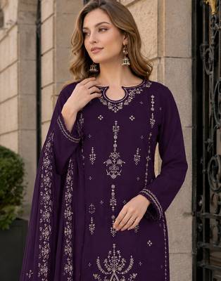Purple velvet semi stitched suit with embroidery sequin work 2