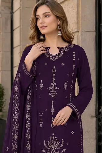 Purple velvet semi stitched suit with embroidery sequence work