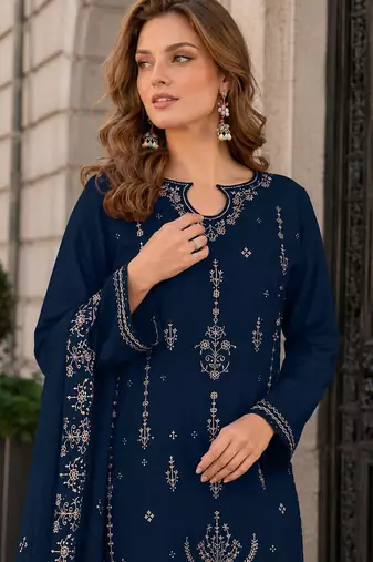 Navy blue velvet semi stitched suit with embroidery sequence work