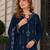 Navy blue velvet semi stitched suit with embroidery sequence work