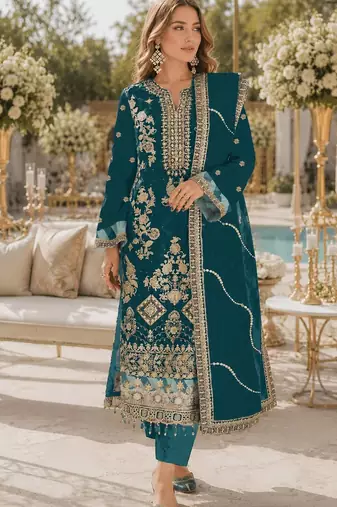 T blue rangoli silk semi stitched suit with embroidery & sequence work