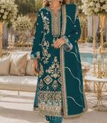T blue rangoli silk semi stitched suit with embroidery & sequence work