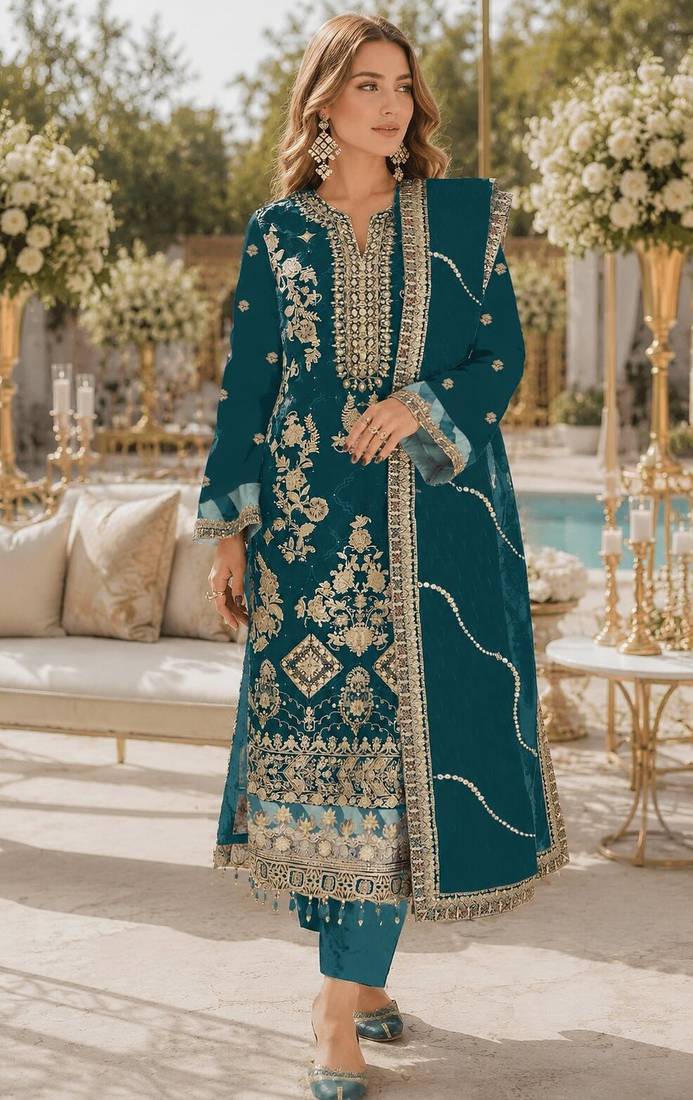 T blue rangoli silk semi stitched suit with embroidery & sequence work