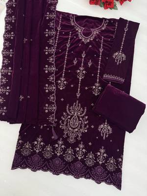 Purple velvet semi stitched suit with embroidery sequin work 3