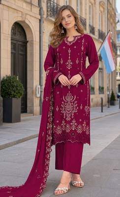 Red velvet semi stitched suit with embroidery sequin work 1