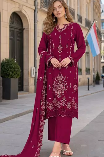 Red velvet semi stitched suit with embroidery sequence work