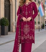 Red velvet semi stitched suit with embroidery sequence work