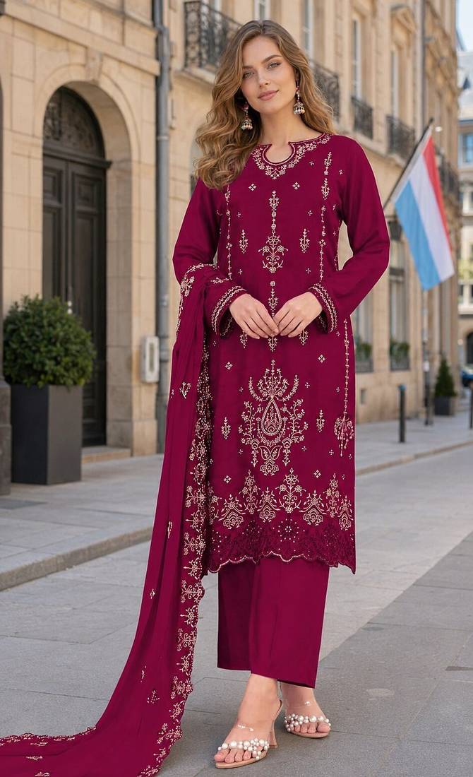 Red velvet semi stitched suit with embroidery sequence work
