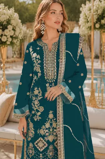 T blue rangoli silk semi stitched suit with embroidery & sequence work
