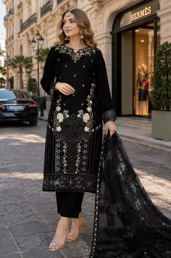 Black velvet semi stitched suit with embroidery sequence work