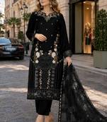 Black velvet semi stitched suit with embroidery sequence work