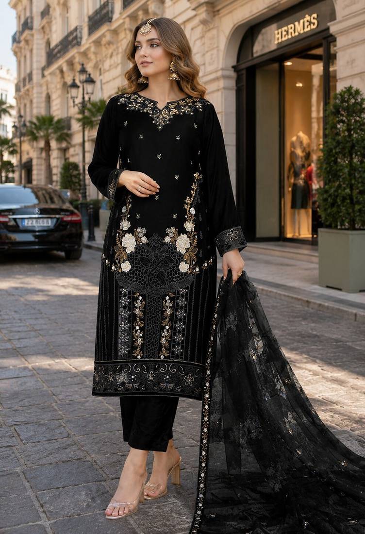Black velvet semi stitched suit with embroidery sequence work