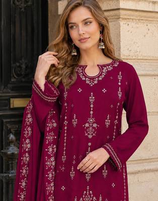 Red velvet semi stitched suit with embroidery sequin work 2