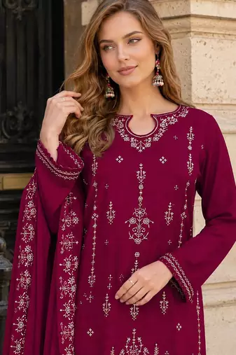 Red velvet semi stitched suit with embroidery sequence work