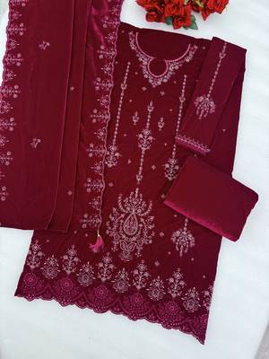Red velvet semi stitched suit with embroidery sequin work 3
