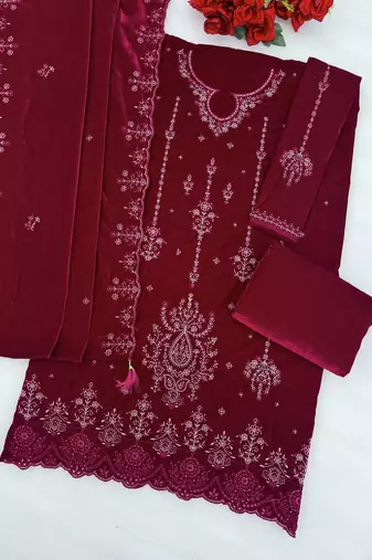 Red velvet semi stitched suit with embroidery sequence work