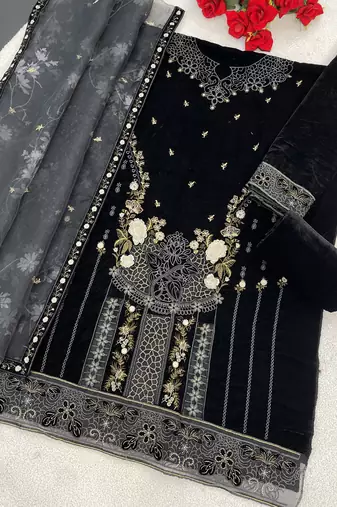 Black velvet semi stitched suit with embroidery sequence work