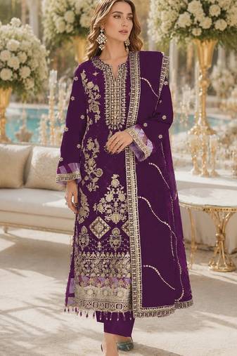 Purple rangoli silk semi stitched suit with embroidery & sequence work