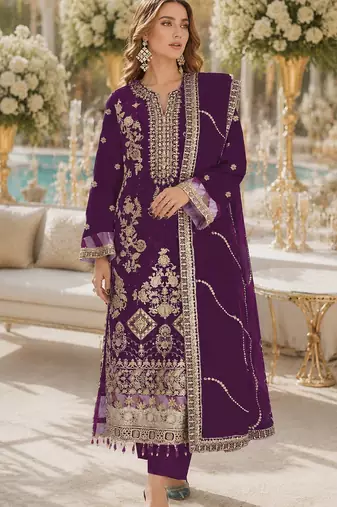 Purple rangoli silk semi stitched suit with embroidery & sequence work