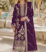 Purple rangoli silk semi stitched suit with embroidery & sequence work