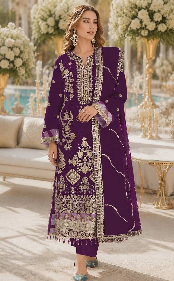 Purple rangoli silk semi stitched suit with embroidery & sequence work