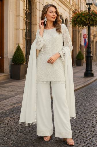White georgette semi stitched suit with embroidered beads & sequence work