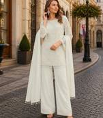 White georgette semi stitched suit with embroidered beads & sequence work