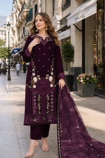 Purple velvet semi stitched suit with embroidery sequence work