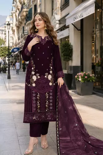 Purple velvet semi stitched suit with embroidery sequence work