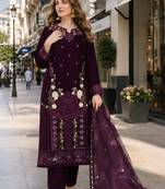 Purple velvet semi stitched suit with embroidery sequence work