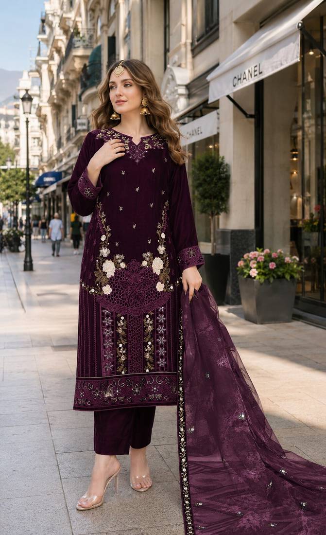 Purple velvet semi stitched suit with embroidery sequence work