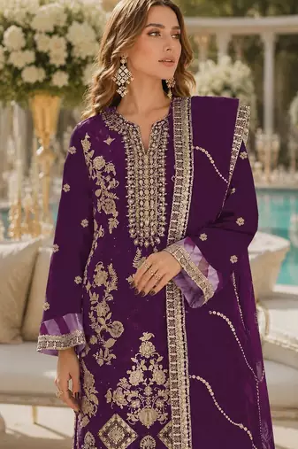 Purple rangoli silk semi stitched suit with embroidery & sequence work