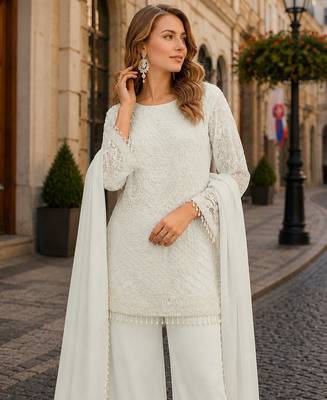 White georgette suit with embroidered beads & sequin work 2