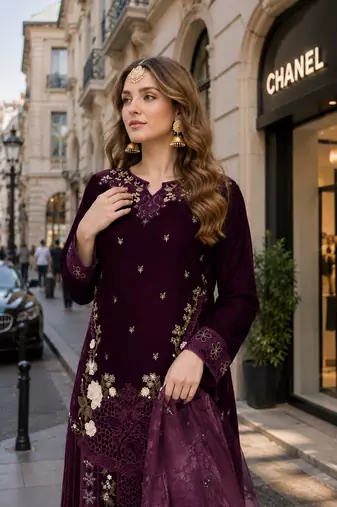 Purple velvet semi stitched suit with embroidery sequence work