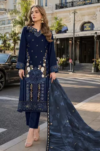 Navy blue velvet semi stitched suit with embroidery sequence work