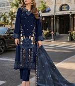 Navy blue velvet semi stitched suit with embroidery sequence work