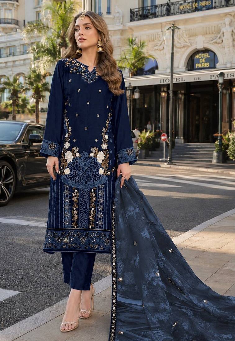 Navy blue velvet semi stitched suit with embroidery sequence work