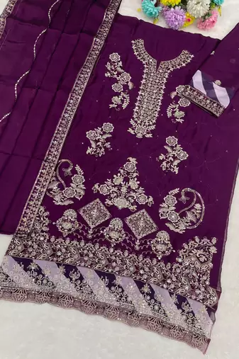 Purple rangoli silk semi stitched suit with embroidery & sequence work
