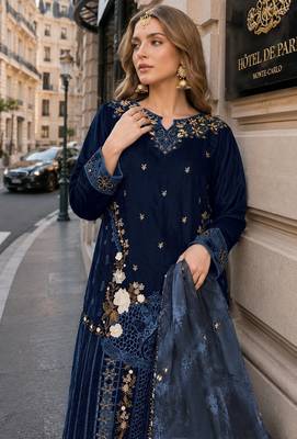 Navy blue velvet suit with embroidery sequin work 2
