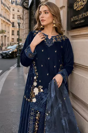 Navy blue velvet semi stitched suit with embroidery sequence work