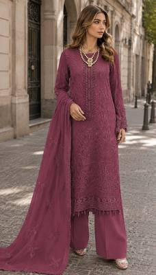 Maroon faux georgette suit with embroidery work 1