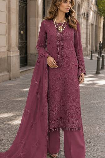 Maroon faux georgette semi stitched suit with embroidery work