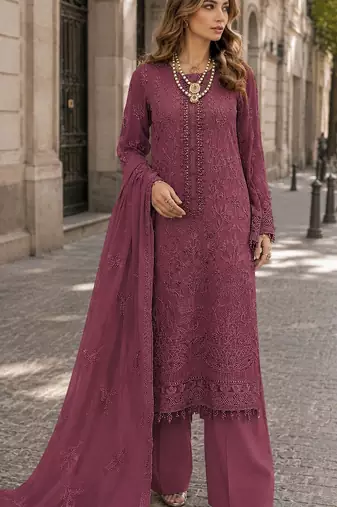 Maroon faux georgette semi stitched suit with embroidery work